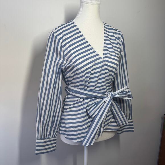 Madewell Top Women S Cuffed-Sleeve Wrap Blouse in Stripe Blue White Clean Girl - Picture 3 of 8